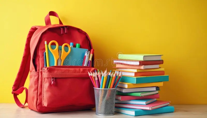 Red backpack with school supplies next to a stack of colorful books and colored pencils